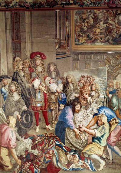 Besøk av Ludvig XIV til Manufacture des Gobelins i nærvær av Jean Baptiste (Jean-Baptiste) Colbert (1619-1683) (i profil, til høyre for kongen) og maleren Charles Lebrun (Le Brun) (1619-1690) ), 15. oktober av Etienne (studio of) Le Blond