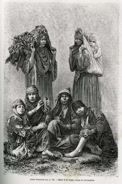 Araberne Ghawarineh, nomader fra Dødehavsbassenget. Gravering av E.Ronjat, for å illustrere historien om Syria i dag, av M.Lortet, dekan ved Det medisinske fakultet i Lyon, ansvarlig for et vitenskapelig oppdrag av departementet for offentlig utdanning, pu av Etienne Antoine Eugene Ronjat