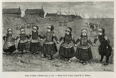 Barnedanser i Marken (Nederland), gravering etter en tegning av E. Ronjat, for å illustrere historien om Neerlande, av Charles de Coster, i 1878, utgitt i tour du monde, under ledelse av Edouard Charton av Etienne Antoine Eugene Ronjat