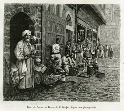 Damaskus basar. Gravering av E.Ronjat, for å illustrere historien La Syria d