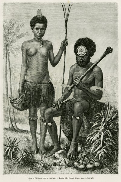 Fijisk par. Gravering av E.Ronjat for å illustrere historien Promenades en Oceanie, av Aylic Marin, i le tour du monde 1887, regissert av Edouard Charton (1807-1890), Hachette, Paris. av Etienne Antoine Eugene Ronjat
