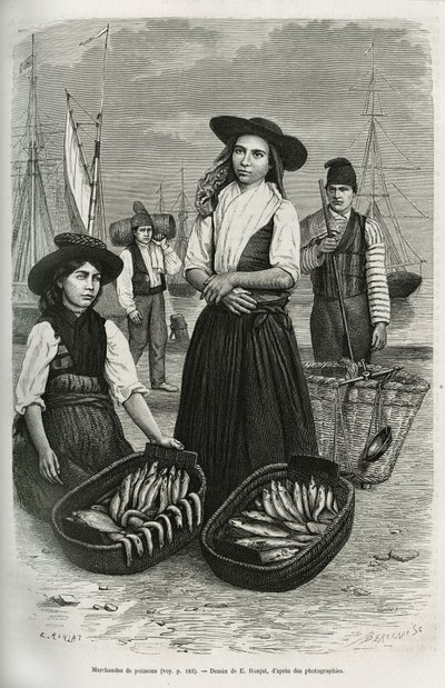 Fiskehandlere, iført den tradisjonelle kvinnedrakten: kort skjørt og plissert, bodice med sølvknapper, dekket med en bred svart filthatt. Gravering av E.Ronjat, for å illustrere historien en uke i Lisboa, av Jules Leclercq, publisert i Tour du av Etienne Antoine Eugene Ronjat