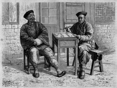 Gå spillere i gatene i Pekin (Beijing) på 1800-tallet. Gravering etter en tegning av Ronjat, etter et fotografi av doktor Morache, i "Le Tour du Monde, Nouveau journal des Voyages", redigert av Edouard Charton, Paris av Etienne Antoine Eugene Ronjat