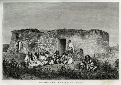 Hus og innbyggere i Jeriko (Vestbredden). Gravering av E.Ronjat, for å illustrere historien om Syria i dag, av M.Lortet, dekan ved Det medisinske fakultet i Lyon, ansvarlig for et vitenskapelig oppdrag fra departementet for offentlig utdanning, publisert i av Etienne Antoine Eugene Ronjat
