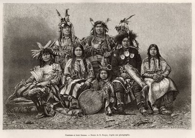 Indiske krigere og deres koner (Texas). Gravering etter tegningen av E.Ronjat, for å illustrere historien La conquete blanche, av William Hepworth Dixon, i 1875, publisert i "" Le tour du monde""" 1876, redigert av Edouard Charton, av Etienne Antoine Eugene Ronjat