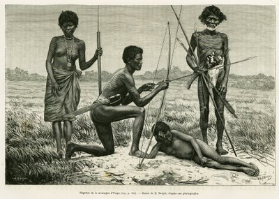 Negritos fra Yriga-fjellet. Gravering av E.Ronjat for å illustrere historien Lucon og Palaouan, seks år på Filippinene, av Alfred Marche (1844-1898), i le tour du monde 1886, regissert av Edouard Charton (1807-1890), Hachette, Paris. av Etienne Antoine Eugene Ronjat