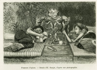 Opium røykere. Gravering av E.Ronjat, etter et fotografi, for å illustrere historien Trente mois au Tonkin i 1884, av Doctor Hocquard, i le tour du monde 1889, regissert av Edouard Charton (1807-1890), Hachette, Paris. av Etienne Antoine Eugene Ronjat