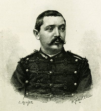 Portrett av kaptein Pietri, av marineartilleriet, under ekspedisjonen til Afrika 1879-1882, under kommando av Gallieni. Gravering av E. Ronjat, fra et fotografi, for å illustrere historien "Exploration du Haut Niger (Haut Niger)" (dagens Mali) av av Etienne Antoine Eugene Ronjat