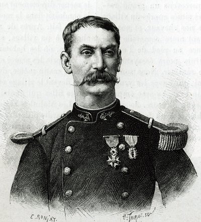 Portrett av kommandør Joseph Gallieni, under ekspeditonen i Afrika (1879-1882). Gravering av E. Ronjat etter et fotografi, for å illustrere historien "Exploration du Haut Niger (Haut Niger)" (dagens Mali) av kommandør Joseph Gallieni (1849-1916) fra th. av Etienne Antoine Eugene Ronjat