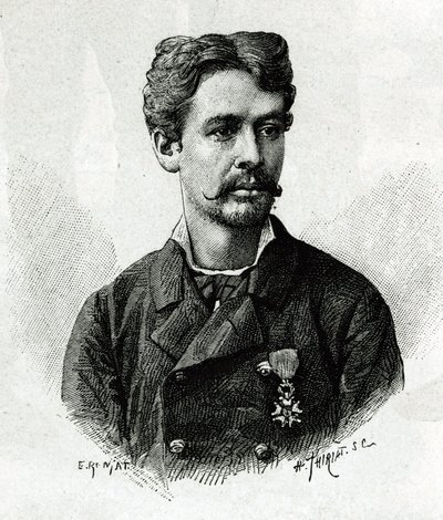 Portrett av doktor Tautain, under ekspedisjonen til Afrika 1879-1882, under kommando av Gallieni. Gravering av E. Ronjat, fra et fotografi, for å illustrere historien "Exploration du Haut Niger (Haut Niger)" (dagens Mali) av kommandør Joseph Gallien av Etienne Antoine Eugene Ronjat