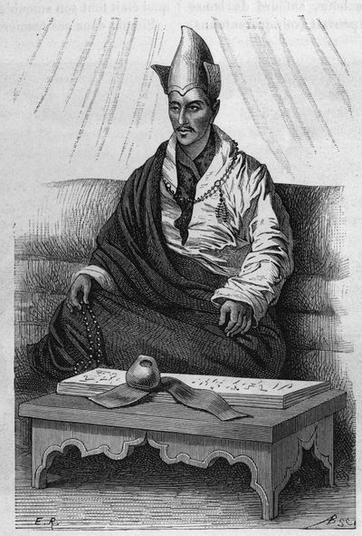 Portrett av "" Khutukcha", en yppersteprest i Tibet i årene 1870-1880. Gravering etter en tegning av Ronjat, i "" Le Tour du Monde, Nouveau journal des Voyages", redigert av Edouard Charton, Paris av Etienne Antoine Eugene Ronjat