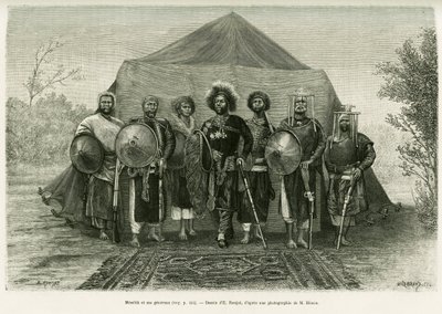 Portrett av prins Menelik II av Etiopia (1844-1913), omgitt av hans generaler. Gravering av Ronjat, etter et fotografi, for å illustrere historien Voyage au Choa (Abyssinie meridionale) av Etienne Antoine Eugene Ronjat