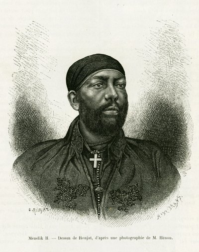 Portrett av prins Menelik II av Etiopia (1844-1913). Gravering av Ronjat, etter et fotografi, for å illustrere historien Voyage au Choa (Abyssinie meridionale) av Etienne Antoine Eugene Ronjat
