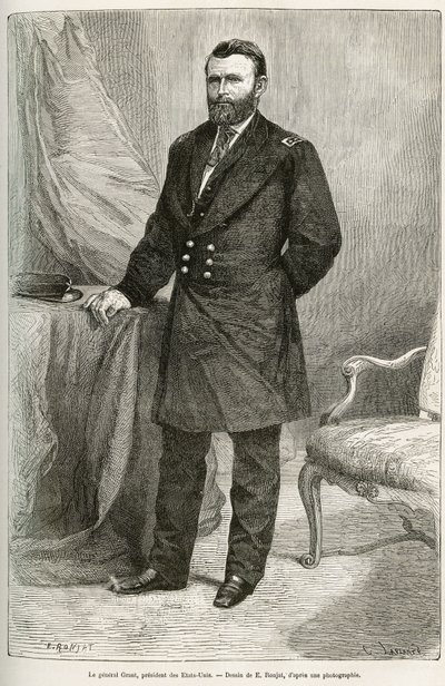 Portrett av Ulysses Grant (1822-1885), amerikansk general, leder for unionstropper under løsrivelseskrigen og 18. president i USA (USA) i to perioder fra 1869 til 1877. Gravering etter tegning av E.Ronjat, til illustrere sto av Etienne Antoine Eugene Ronjat