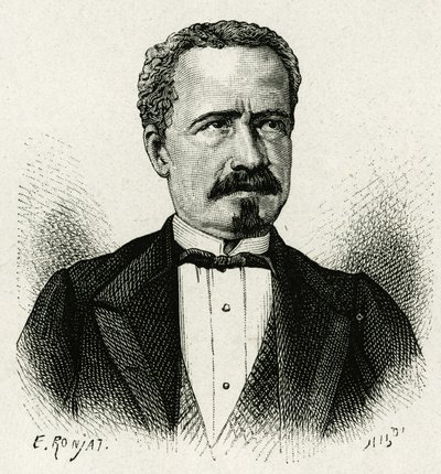 Portrett av presidenten i Ecuador fra 1875 til 1876, Don Antonio Borrero. Gravering av E.Ronjat, etter et fotografi, for å illustrere historien "The Equinoxiale America"" av Etienne Antoine Eugene Ronjat