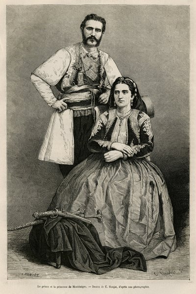 Portretter av prinsen av Montenegro Nicholas I Petrovicz Niegosch (1841-1921) og hans kone, Milena, født Voukovich (1847-1923), tegning av E.Ronjat, for å illustrere reisen til Montenegro, i 1874, av Charles Yriarte (1832) -1898). Gravering i Le tour du av Etienne Antoine Eugene Ronjat