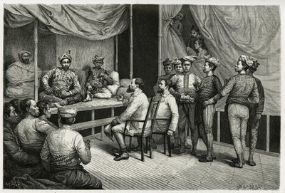 Mottak av reisende ved palasset til sultanen av Soulou (eller Sulu) (skjærgården på Filippinene), Mohammed Yamalul Alam. Gravering av E.Ronjat, for å illustrere historien "" Reisen til Filippinene"" av Etienne Antoine Eugene Ronjat