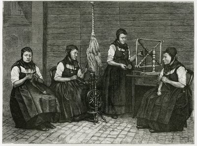 Sondernach spredere, beskrivelse av de ulike stadiene av spinning, hånd, spindel og spindel. Gravering av E.Ronjat, for å illustrere historien "Atravers l