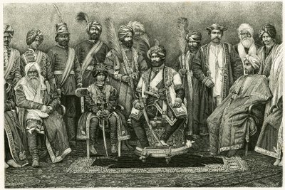 Kashmir maharajah, Rambhir Sing og hoffet hans. Gravering av E. Ronjat, for å illustrere historien "Portrett av en parisisk kvinne i det vestlige Himalaya", i 1881, av Marie de Ujfalvy-Bourdon (Ujfalvy Bourdon). Publisert i Tour du monde, 2. semester av Etienne Antoine Eugene Ronjat