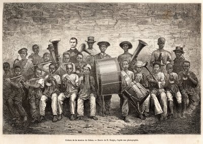 Bandet til barna i Gabon-oppdraget. Gravering etter tegningen av E.Ronjat, for å illustrere cruiset på kysten av Afrika, av viseadmiral Fleuriot de Langle, i 1868, publisert i "" Le tour du monde"" 1876, redigert av Edouard Charton, Hachet av Etienne Antoine Eugene Ronjat