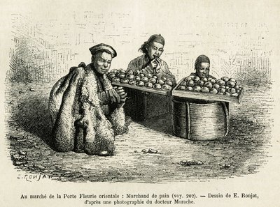 Brødhandleren, ved foten av den orientalske blomsterporten til det keiserlige palasset i Pekin, en aktuell scene i hverdagen. Gravering etter tegningen av E.Ronjat, for å illustrere reisen til Pekin og Nord-Kina, av T.Choutze, i 1873, publisert i av Etienne Antoine Eugene Ronjat