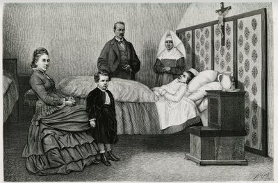 Legekonsultasjonen på Logelbach hospits. Gravering av E.Ronjat, for å illustrere historien "Gjennom Alsace og Lorraine", i 1884, av Charles Grad (1842-1890), tysk deputert, forfatter og naturforsker. Publisert i Le Tour du monde, nouveau journal d av Etienne Antoine Eugene Ronjat