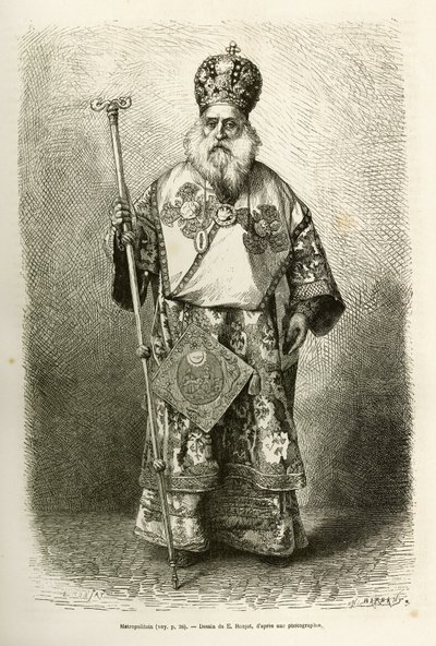 Metropolitan eveque av den nye katedralen i Athen. Gravering etter tegningen av E.Ronjat, for å illustrere reisen til Hellas, av Henri Belle, i 1861-1868-1874, publisert i "" Le tour du monde""" 1876, redigert av Edouard Charton, Hachette-utgaven, av Etienne Antoine Eugene Ronjat