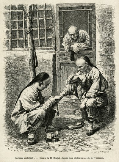 Vandrende pedikyr, en vanlig scene i hverdagen i kinesiske byer. Gravering etter tegningen av E. Ronjat, for å illustrere reisen til Pekin og Nord-Kina, av T.Choutze, i 1873, publisert i "" Le tour du monde""" 1876, redigert av Edo av Etienne Antoine Eugene Ronjat