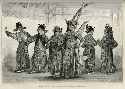 Tragedians of a Pekinese theatre, spesialiserer seg på historiske og mytologiske dramaer. Gravering etter tegningen av E.Ronjat, for å illustrere reisen til Pekin og Nord-Kina, av T.Choutze, i 1873, publisert i "" Le tour du monde""&quo av Etienne Antoine Eugene Ronjat