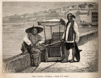 To bærere i ro ved siden av rullestolen i Hong Kong, gravert etter en tegning av E. Ronjat som illustrerer reisen til Kina, av J. Thompson, i 1870-1872, publisert i "" Le tour du monde""" 1875, redigert av Edouard Charton, Hachette-utgaven, Paris. S av Etienne Antoine Eugene Ronjat