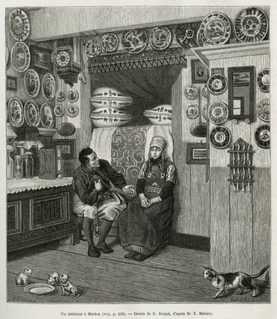 Un interieur à Marken (Pays Bas), gravering etter en tegning av E. Ronjat, for å illustrere historien om Neerlande, av Charles de Coster, i 1878, utgitt i tour du monde, under ledelse av Edouard Charton av Etienne Antoine Eugene Ronjat