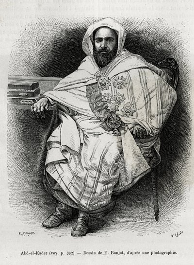 portrett av Abd El Kader (1808-1883) algerisk emir og sultan, sufiteolog, politiker og militær motstand mot den franske kolonihæren, også forfatter, poet og filosof. Gravering av E.Ronjat, for å illustrere historien La Syria d