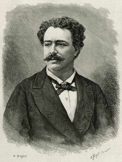 portrett av forfatteren og reisende Edmondo de Amicis (1846-1908), italiensk forfatter, gravering av E.Ronjat, for å illustrere historien om Marokko av Edmondo de Amicis, i 1875, utgitt i tour du monde, under ledelse av Edouard Charton av Etienne Antoine Eugene Ronjat