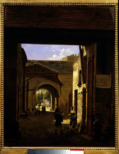 Gårdsplassen til et kjørehus i rue Saint Denis kjent som gårdsplassen Sainte Catherine Scene i 1. arrondissement i Paris. Maleri av Etienne Bouhot (1780-1862) 1832 Søn. 0,27x0,22 m Paris, Musee Carnavalet. av Etienne Bouhot