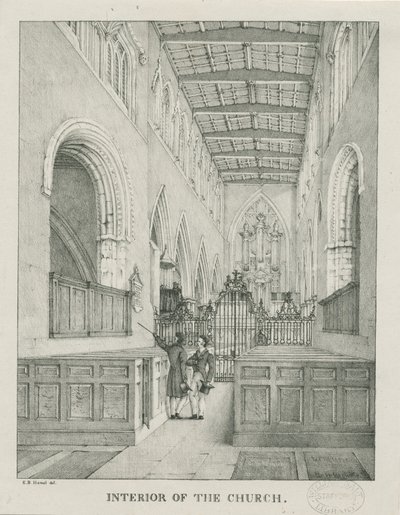 Interiør i Tamworth Church: litografi, nd [1796-1865] av Etienne Bruno Hamel