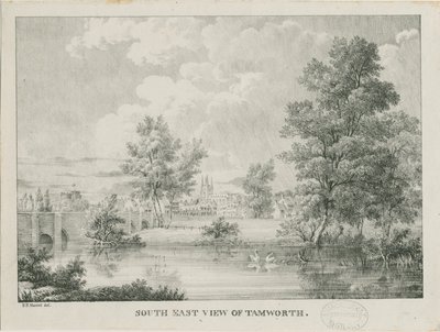 Tamworth - Fjernsyn fra sør: litografi, nd [1796-1865] av Etienne Bruno Hamel