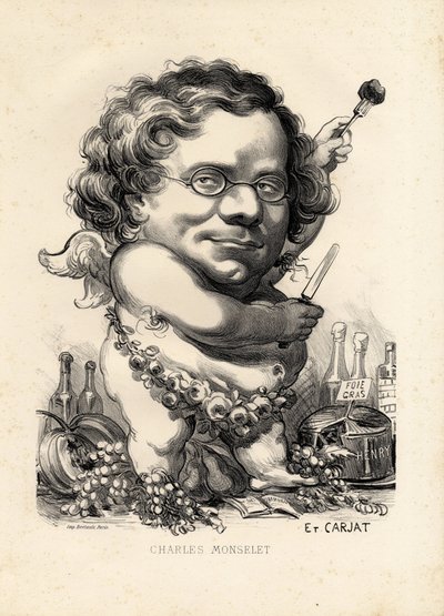 flygende blad - Illustrasjon av Etienne Carjat (1826-1906): Obeite, Foie gras - Monselet Charles (1825-1888) av Etienne Carjat