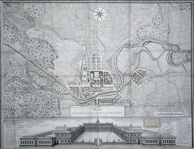Kart over byen Rastadt, dens omgivelser og Schloss (gravering) av Etienne Claude Voysard