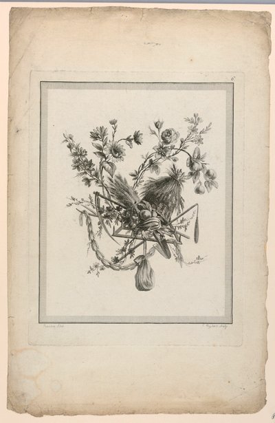 Trofé med høsteredskaper, plate 6 fra "Suite of Different Attributes, Trophies and Flower Groups," Suite II av Etienne Claude Voysard