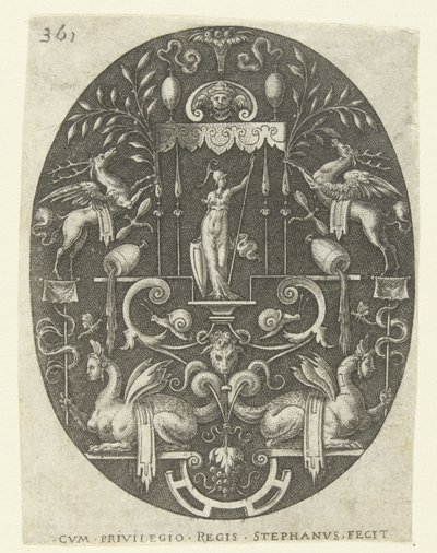 Bellona under en baldakin Ovaler med guder, omgitt av grotesker (serietittel) av Etienne Delaune
