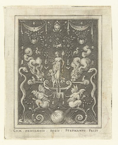 Venus med Amor mellom fire brennende hjerter Overflatedekorasjoner med gudefigurer i en ramme av grotesker (senere versjon) (serietittel) av Etienne Delaune