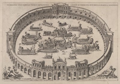 Marineengasjement satt i en romersk arena, med elven Tiber og nymfer nederst til venstre..., 1577-85. av Etienne Duperac