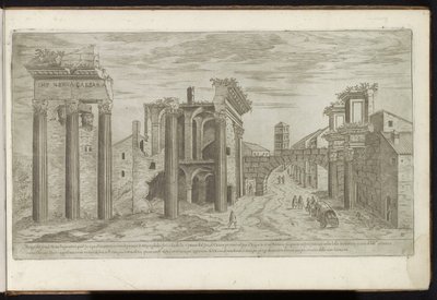 Ruiner ved Forum of Nerva Gamle strukturer (serietittel) I vestigi dell'antichità di Roma raccolti et ritratti in perspettiva da Stefano Du Perac Parisino (serietittel på objekt) av Etienne Duperac