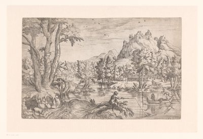 Landskap med fisker og slott på fjelltoppen av Etienne Dupérac (attributed to)