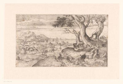 Landskap med en kvinnelig satyr som mater et satyrbarn av Etienne Dupérac (attributed to)