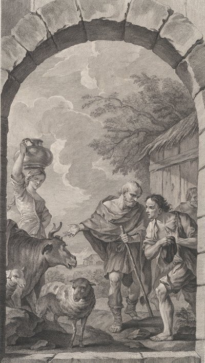 The Chapel of the Foundlings i Paris: Gruppe hyrder foran en hytte, 1757. av Etienne Fessard