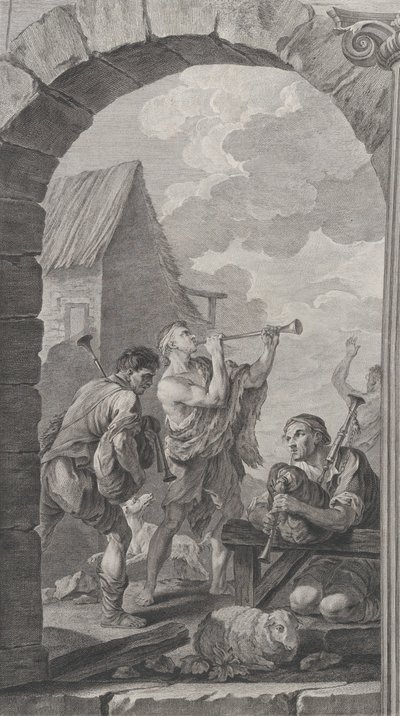 The Chapel of the Foundlings i Paris: Gruppe av hyrder: spillere av trompeter og m..., 1754. av Etienne Fessard