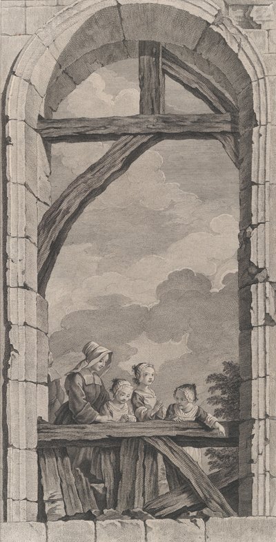 The Chapel of the Foundlings in Paris: Non and Little Girls Watching the Crec..., 1756. av Etienne Fessard