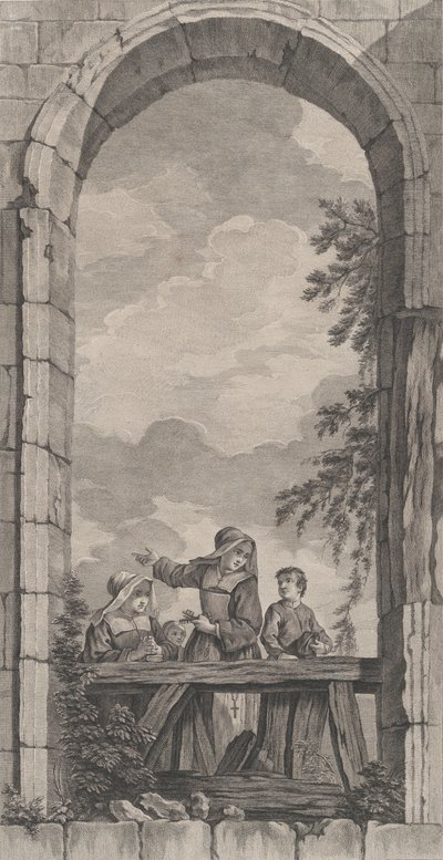The Chapel of the Foundlings i Paris: Nonner og gutter ser på fødselsscenen,..., 1757. av Etienne Fessard