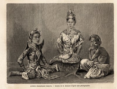 Siamesiske dramatiske kunstnere, tegnet av E.Bocour, for å illustrere Henri Mouhots reise inn i kongedømmene Siam, Kambodsja og Laos fra 1858 til 1861. Gravering i “” Le tour du monde””, redigert av Edouard Charton av Etienne Gabriel Bocourt